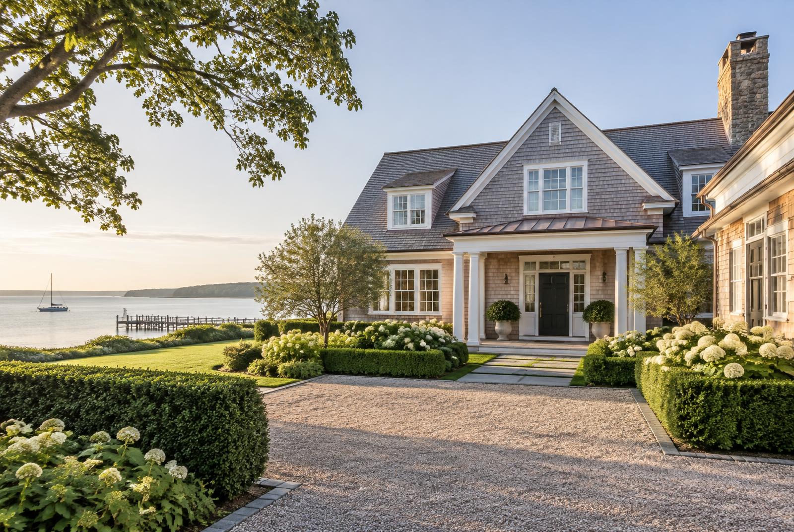 Cedar-shingle Hamptons waterfront home with landscaped gardens in morning light